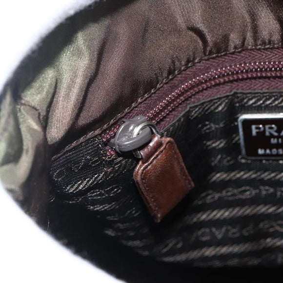 PRADA Handtas Nylon Leer Kaki Zilver Auth ti3735
