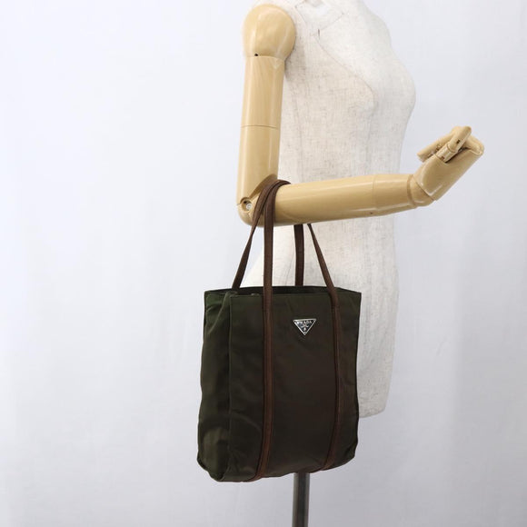 PRADA Handtas Nylon Leer Kaki Zilver Auth ti3735