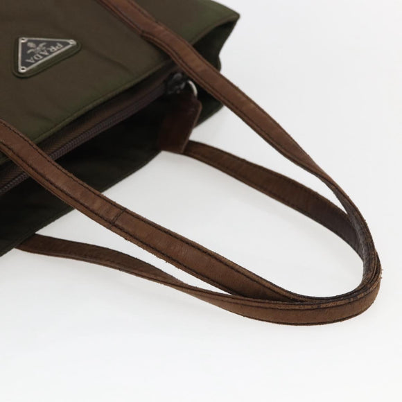 PRADA Handtas Nylon Leer Kaki Zilver Auth ti3735