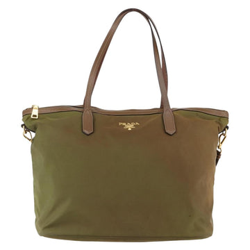 PRADA Tote Bag Nylon Leather Khaki Gold Auth ti3738 - 0