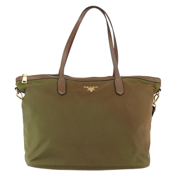 PRADA Tote Bag Nylon Leather Khaki Gold Auth ti3738