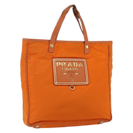 PRADA Tote Bag Nylon Leather Orange Gold Auth ti3743