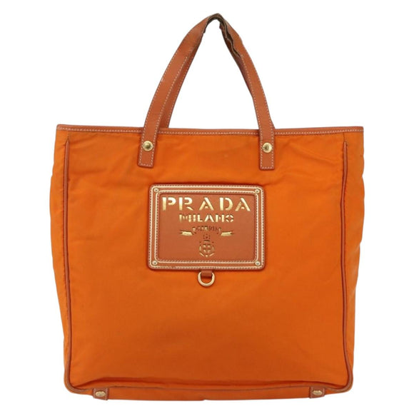PRADA Tote Bag Nylon Leather Orange Gold Auth ti3743
