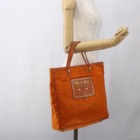 PRADA Tote Bag Nylon Leather Orange Gold Auth ti3743