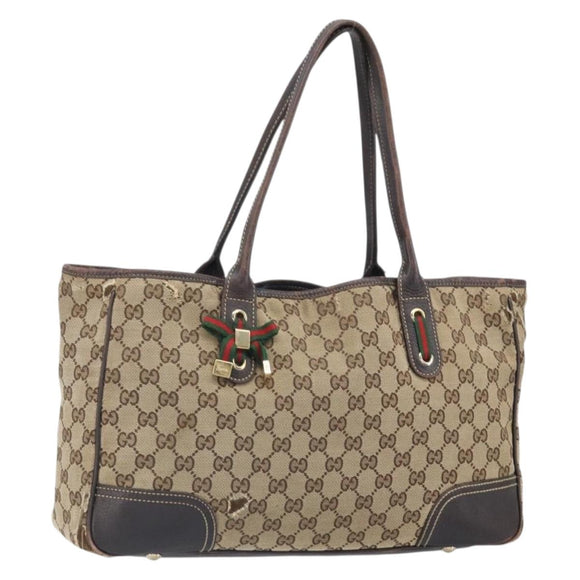 GUCCI GG Canvas Web Sherry Line Draagtas Beige Goud 163805 Auth ti3747
