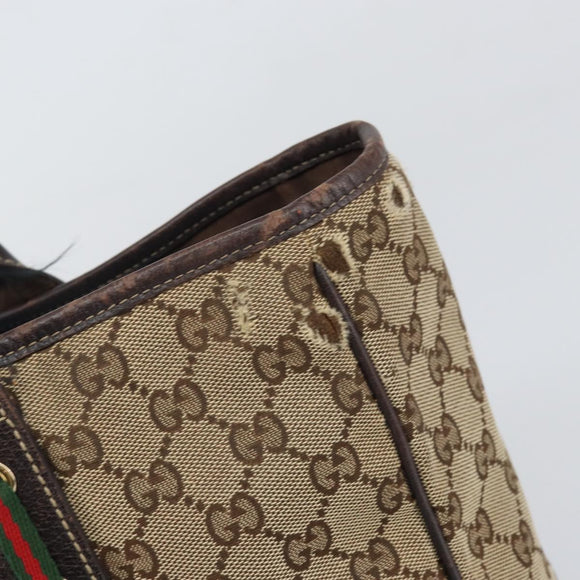 GUCCI GG Canvas Web Sherry Line Draagtas Beige Goud 163805 Auth ti3747