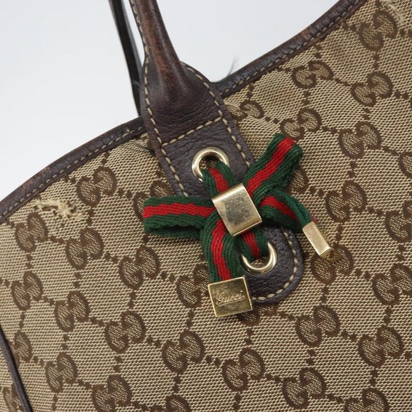 GUCCI GG Canvas Web Sherry Line Draagtas Beige Goud 163805 Auth ti3747