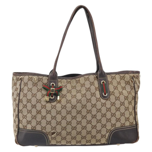 GUCCI GG Canvas Web Sherry Line Draagtas Beige Goud 163805 Auth ti3747