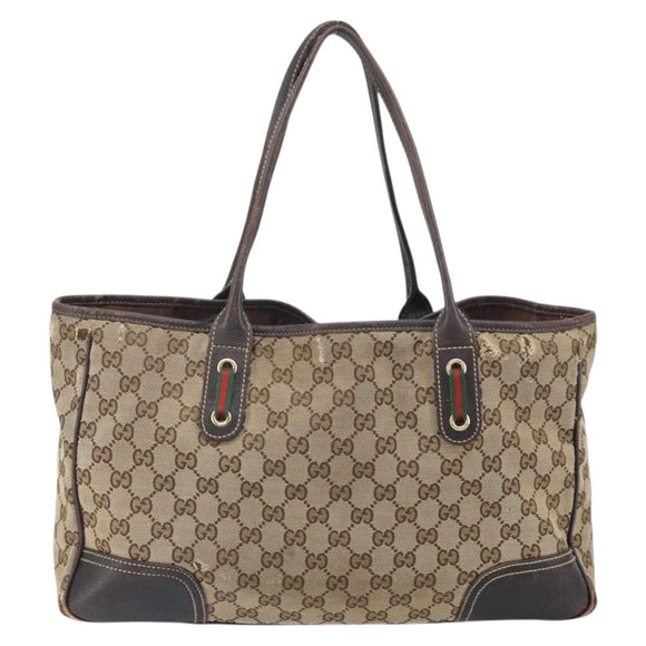 GUCCI GG Canvas Web Sherry Line Draagtas Beige Goud 163805 Auth ti3747