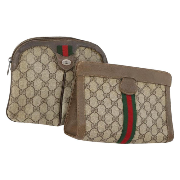 GUCCI GG Supreme Web Sherry Line Pouch Clutch Bag PVC 2 Set Beige Auth ti3752