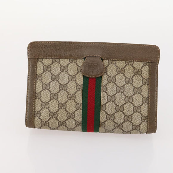 GUCCI GG Supreme Web Sherry Line Pouch Clutch Bag PVC 2 Set Beige Auth ti3752