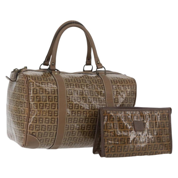 FENDI Zucchino Canvas Hand Bag PVC 2 Set Brown Auth ti3754