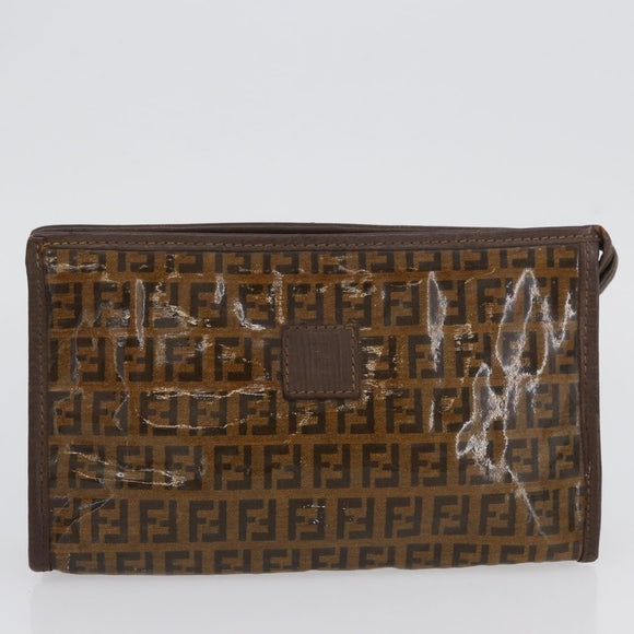 FENDI Zucchino Canvas Hand Bag PVC 2 Set Brown Auth ti3754