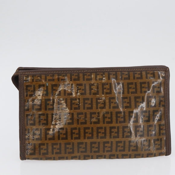 FENDI Zucchino Canvas Hand Bag PVC 2 Set Brown Auth ti3754