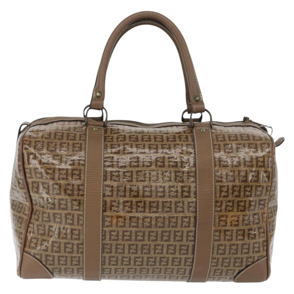 FENDI Zucchino Canvas Hand Bag PVC 2 Set Brown Auth ti3754