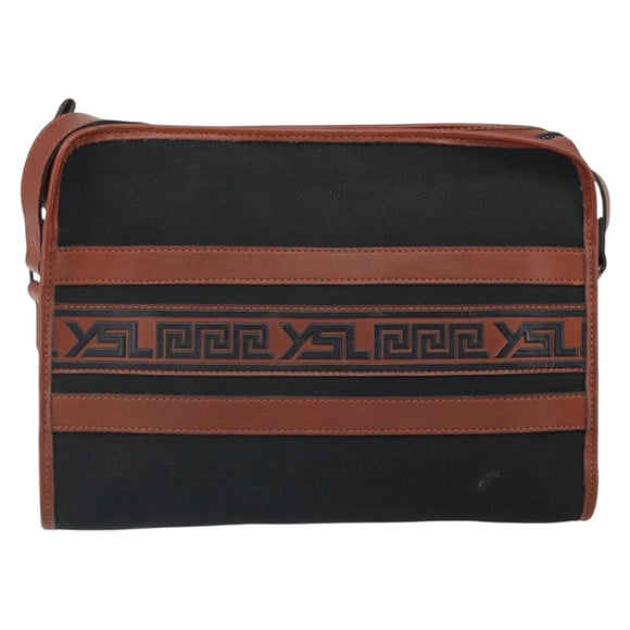 SAINT LAURENT Shoulder Bag Canvas Leather Black Brown gold Auth ti3767
