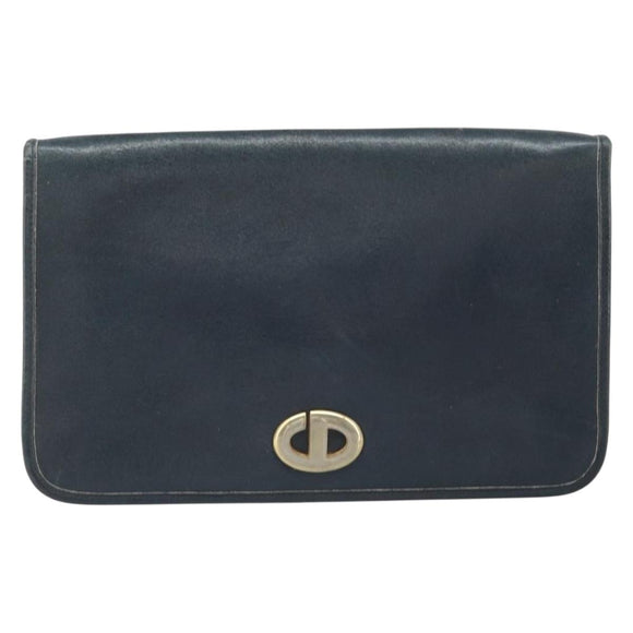 Christian Dior Chain Shoulder Bag Leather Navy Gold Auth ti3768