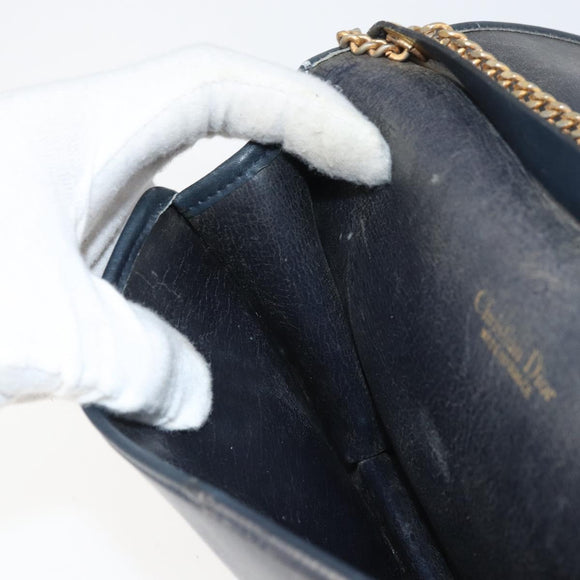 Christian Dior Chain Shoulder Bag Leather Navy Gold Auth ti3768