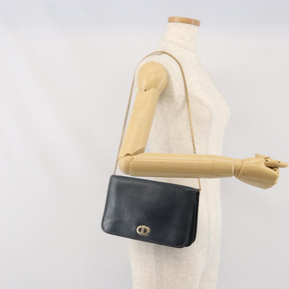 Christian Dior Chain Shoulder Bag Leather Navy Gold Auth ti3768