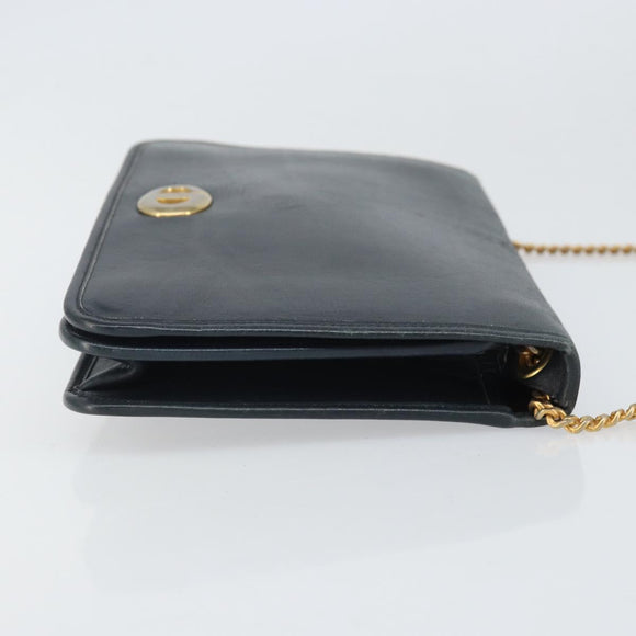 Christian Dior Chain Shoulder Bag Leather Navy Gold Auth ti3768