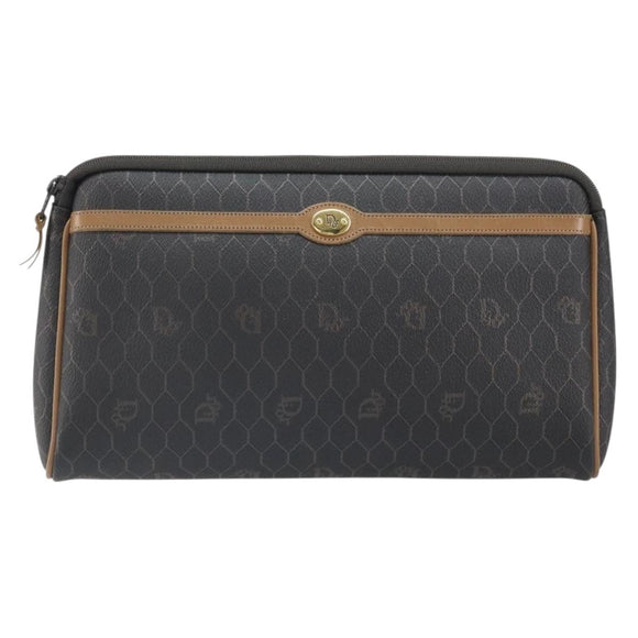 Christian Dior Honeycomb Canvas Pouch PVC Leather Black Auth ti3769