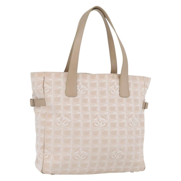 CHANEL New Travel Line Tote Bag Nylon Beige Silver CC Auth ti3793