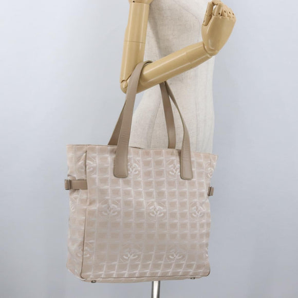 CHANEL New Travel Line Tote Bag Nylon Beige Silver CC Auth ti3793