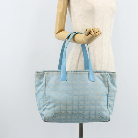 CHANEL New Travel Line Tote Bag Nylon Blue Silver CC Auth ti3796