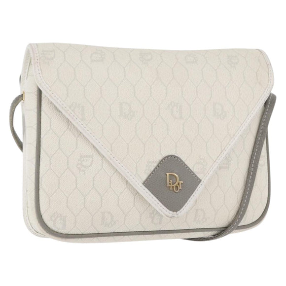 Christian Dior Honeycomb Canvas Shoulder Bag PVC White Gold Auth ti3821