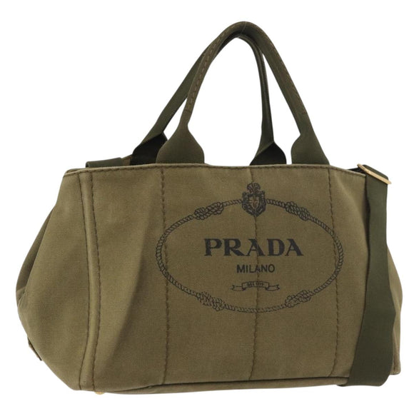 PRADA Canapa MM Hand Bag Canvas 2way Khaki Gold Auth ti3829