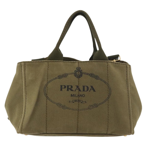 PRADA Canapa MM Hand Bag Canvas 2way Khaki Gold Auth ti3829