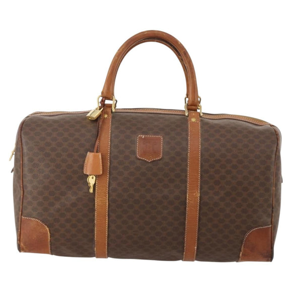 CELINE Macadam Canvas Boston Bag PVC Leather Brown Gold Auth ti3843