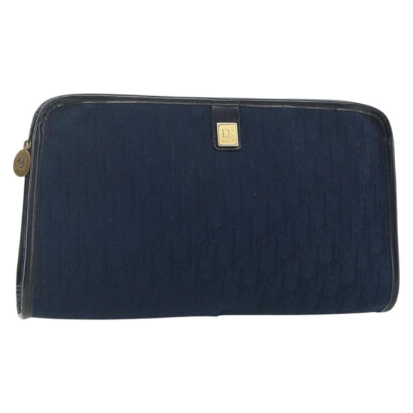 Christian Dior Trotter Canvas Clutch Bag Navy Gold Auth ti3846