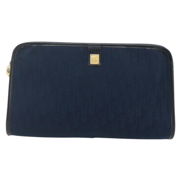 Christian Dior Trotter Canvas Clutch Bag Navy Gold Auth ti3846