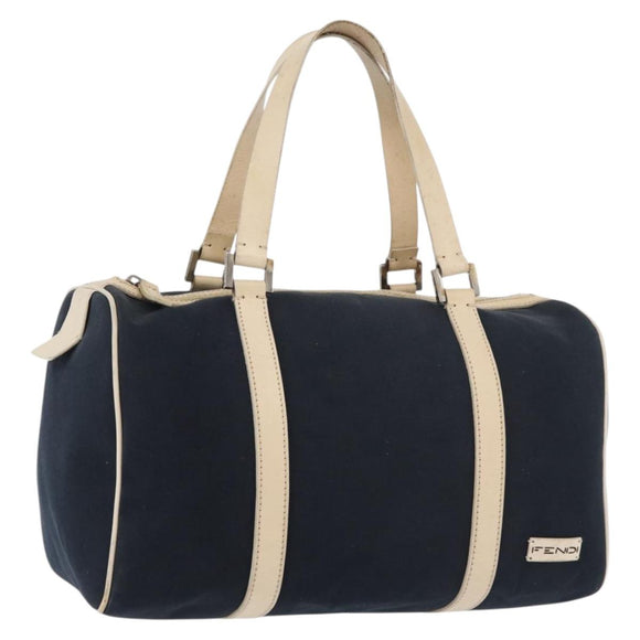 FENDI Boston Bag Canvas Navy Silver Auth ti3849