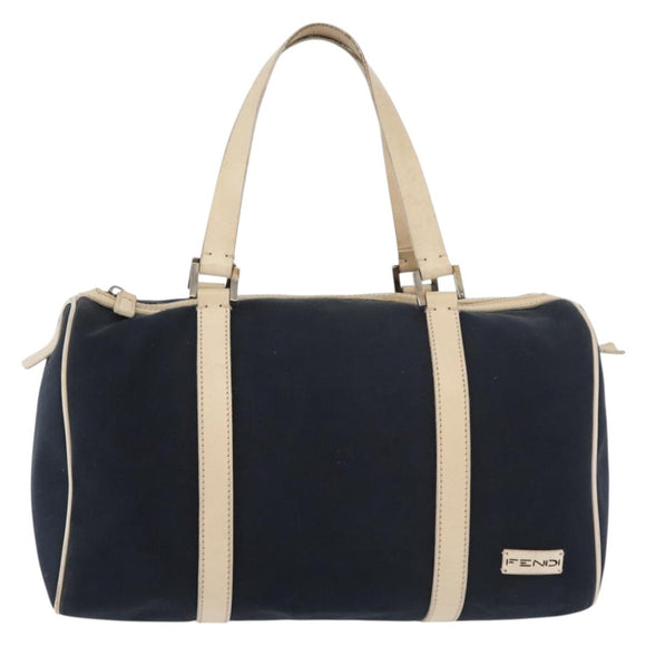FENDI Boston Bag Canvas Navy Silver Auth ti3849