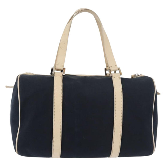 FENDI Boston Bag Canvas Navy Silver Auth ti3849