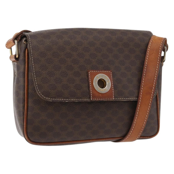 CELINE Macadam Canvas Circle Shoulder Bag PVC Leather Brown Gold Auth ti3851