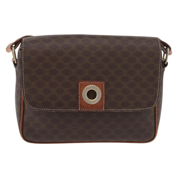 CELINE Macadam Canvas Circle Shoulder Bag PVC Leather Brown Gold Auth ti3851