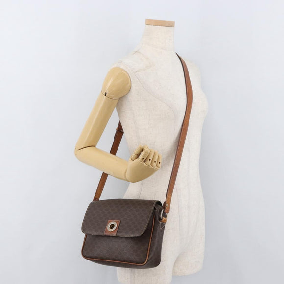 CELINE Macadam Canvas Circle Shoulder Bag PVC Leather Brown Gold Auth ti3851