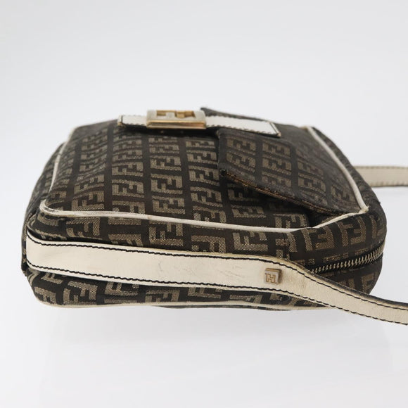 FENDI Zucchino Canvas Mamma Baguette Shoulder Bag Black Gold Auth ti3858
