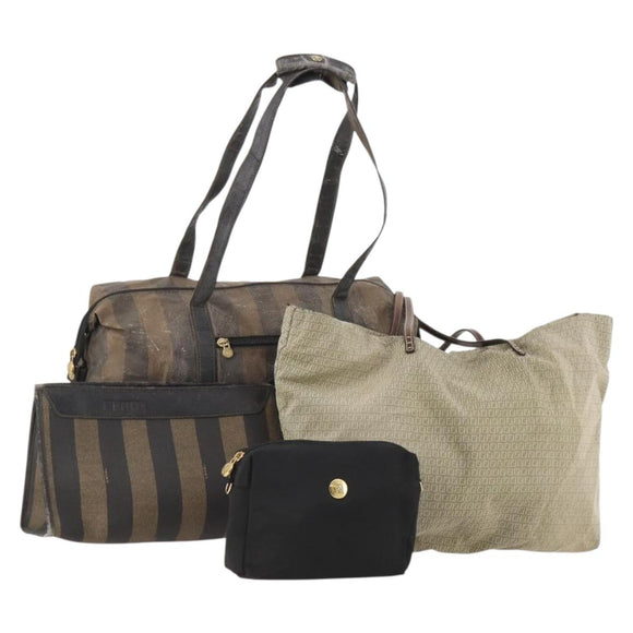 FENDI Pecan Canvas Hand Bag Nylon PVC 4 Set Brown Black Auth ti3892