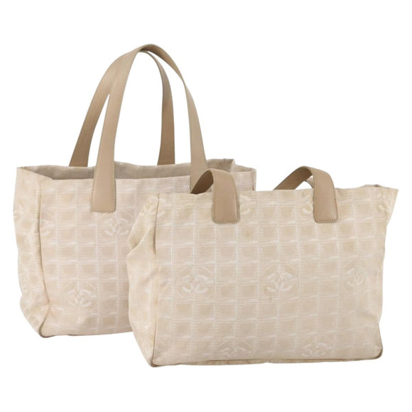 CHANEL New Travel Line Tote Bag Nylon 2 Set Beige CC Auth ti3894