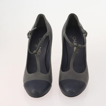 CHANEL Pumps Leather 2 Set Gray Brown CC Auth ti3898 - 0