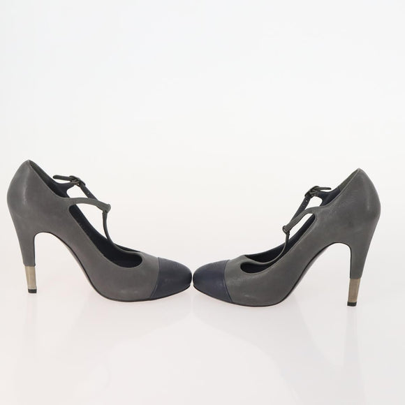 CHANEL Pumps Leather 2 Set Gray Brown CC Auth ti3898