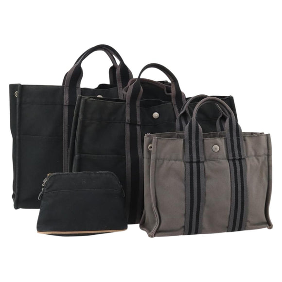 HERMES Tote Bag Canvas 4 Set Gray Black Auth ti3899