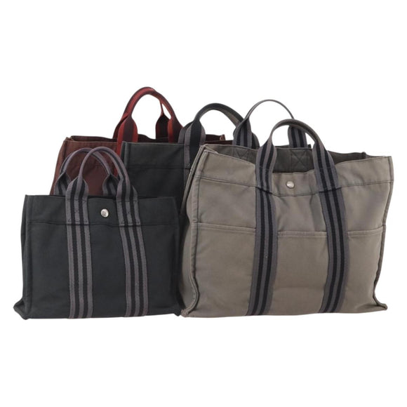 HERMES Fourre Tout Hand Bag cotton 4 Set Black Red gray Auth ti3921