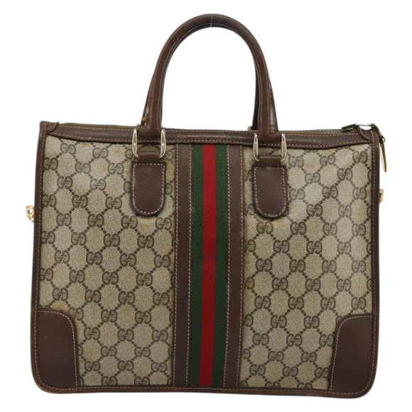 GUCCI GG Supreme Web Sherry Line Hand Bag PVC 2way Beige Gold Auth ti3926