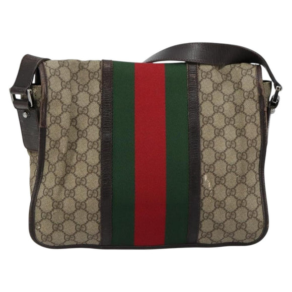 GUCCI GG Supreme Web Sherry Line Tas PVC Beige Zilver 145844 Auth ti3927