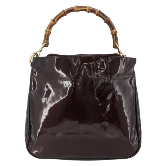 GUCCI Bamboo Bag Patent leather 2way Brown Gold 001 1705 1638 Auth ti3928